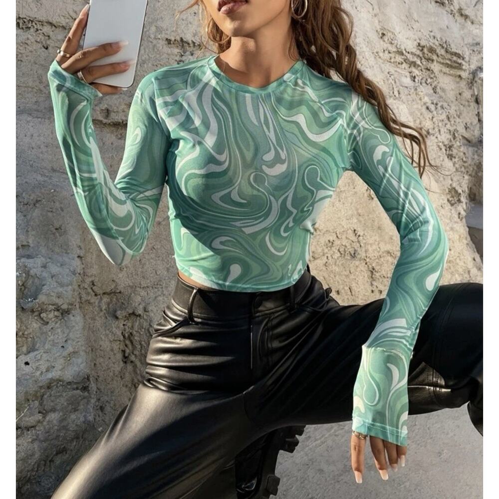 SHEIN EZwear Green Marble Print Crop Top Size M Y2K Fairy Grunge Whimsigoth